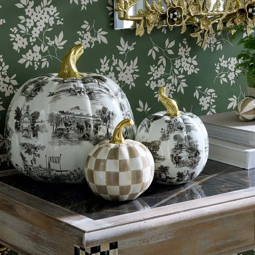 NEW Mackenzie Childs Black Toile Small Pumpkin in Original Box